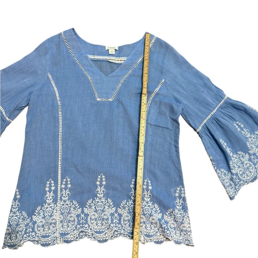 Sundance Lace Blue & White Liliana Embroidered‎ Blouse Top Bell Sleeves Sz L - Picture 12 of 14